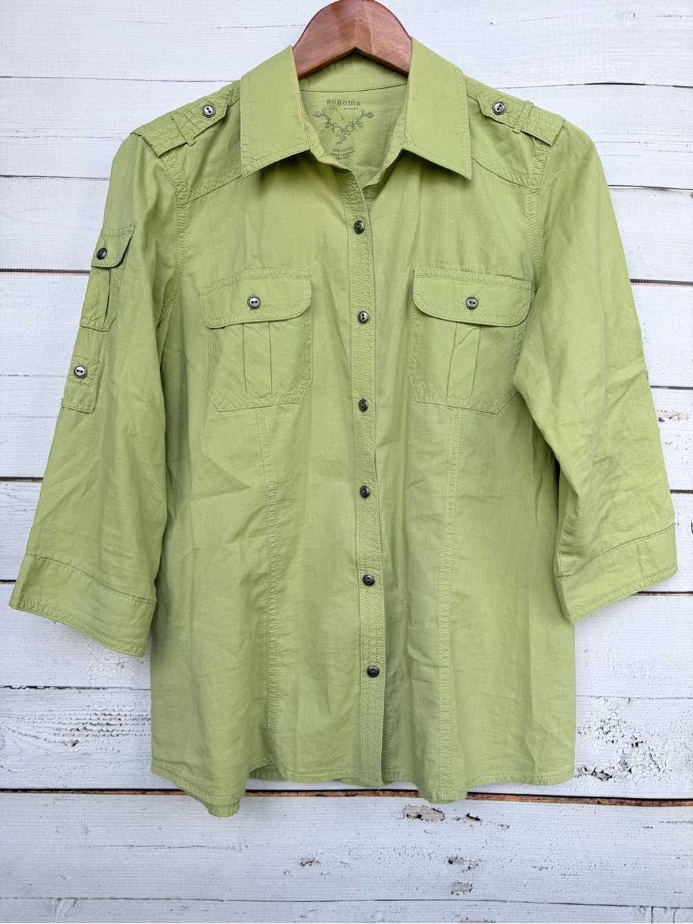 Sonoma Life + Style 100% Cotton Military Utility Button Down Shirt - Large